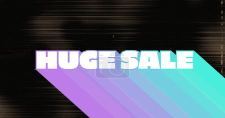 Image of retro huge sale text with rainbow shadow on flickering lines in background. vintage retail, savings and shopping concept digitally generated image.