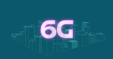 Image of 6g glowing text over 3d city model spinning on blue background. global network, communication, connection and technology concept digitally generated vide