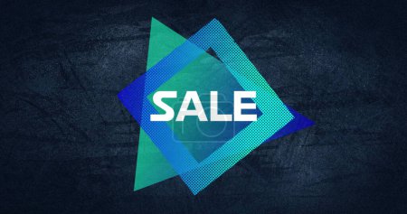 Image of huge sale text in white over blue square and triangle on grey flickering background. vintage retail, savings and shopping concept digitally generated image.