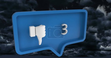 Image of unlike icon with numbers on speech bubble over sky and clouds. global social media and communication concept digitally generated image.