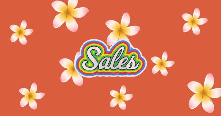 Bild des Verkaufstextes in Regenbogenform über Blumen auf orangefarbenem Hintergrund. Vintage Retail, Spar- und Einkaufskonzept digital generiertes Image.