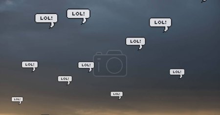 Photo for Image of social media text on banners with speech bubbles over sky in background. global networking, social media, technology and communication concept digitally generated image. - Royalty Free Image