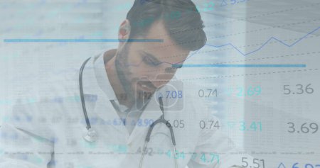 Photo for Image of data processing and statistics over male doctor with stethoscope. medicine, digital interface and data processing concept digitally generated image. - Royalty Free Image