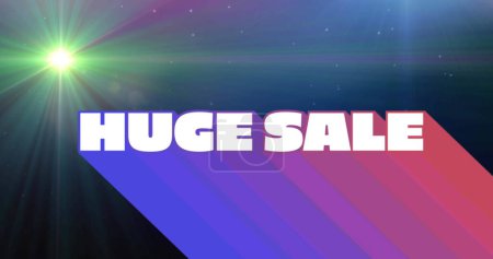 Photo for Image of retro huge sale text with rainbow shadow with glowing green light on blue background. vintage retail, savings and shopping concept digitally generated image. - Royalty Free Image
