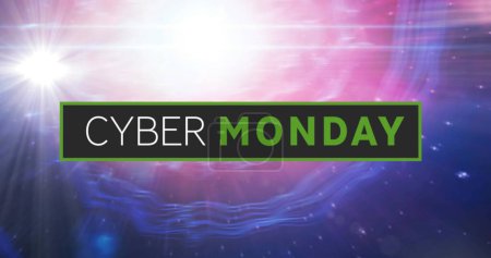Image of cyber monday text on black banner over glowing light on pink to purple background. retail, savings and online shopping concept digitally generated image.