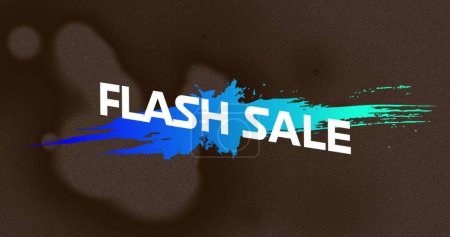 Image of flash sale text in white over blue to green paint splash on splodges on brown. vintage retail, savings and shopping concept digitally generated image.