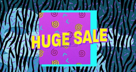 Image of retro huge sale text on pink and blue banner with zebra print background. vintage retail, savings and shopping concept digitally generated image.