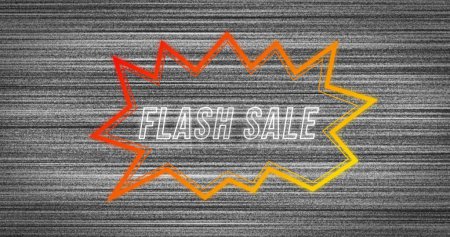 Image of retro flash sale text in neon red to yellow speech bubble on distressed grey background. vintage retail, savings and shopping concept digitally generated image.