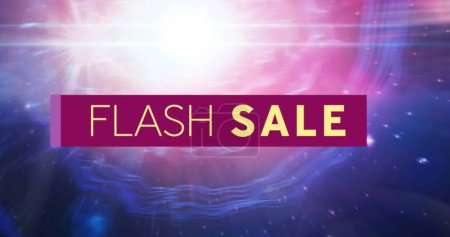 Image of flash sale text over purple banner on glowing pink to purple background. vintage retail, savings and shopping concept digitally generated image.