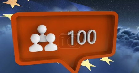 Image of people icon with numbers on speech bubble with european union flag. global social media and communication concept digitally generated image.