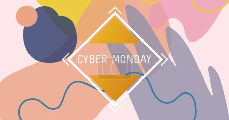 Image of cyber monday text in white frame over pastel abstract shapes on pink background. retail, savings and online shopping concept digitally generated image.