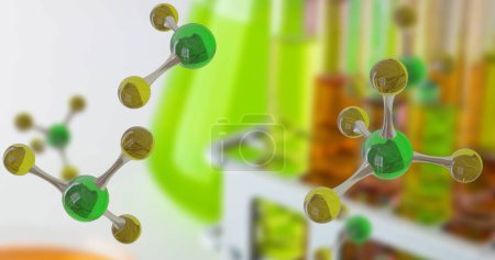 Image of micro of molecules models and laboratory beakers over white background. Global science, research and connections concept digitally generated image.