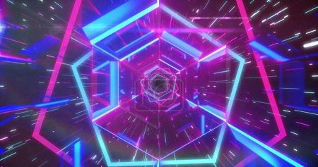 Photo for Image of neon shapes moving over digital tunnel. Abstract background, retro future and pattern concept digitally generated image. - Royalty Free Image