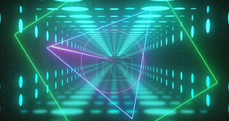 Photo for Image of neon shapes moving and spots over digital tunnel. Abstract background, retro future and pattern concept digitally generated image. - Royalty Free Image