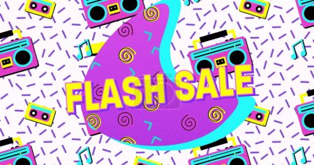 Flash sale text on purple banner against vhs tape icons in seamless pattern on white background. sale discount and retail business concept