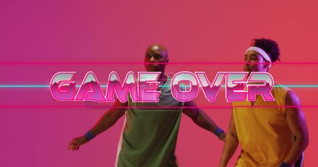 Photo for Image of game over text over neon pattern and divers basketball players. Sports, competition, image game and communication concept digitally generated image. - Royalty Free Image