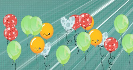 Photo for Image of colorful balloons flying over white light on grey background. party and celebration concept digitally generated image. - Royalty Free Image