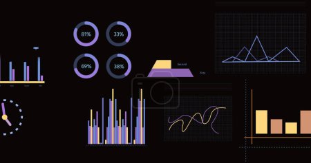 Image of statistics, graphs and financial data processing over black background. Global business, finances, computing and data processing concept digitally generated image.