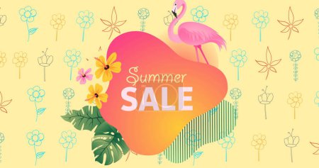 Image of summer sale text with flamingo over flowers moving in hypnotic motion. retail, sales and savings concept digitally generated image.