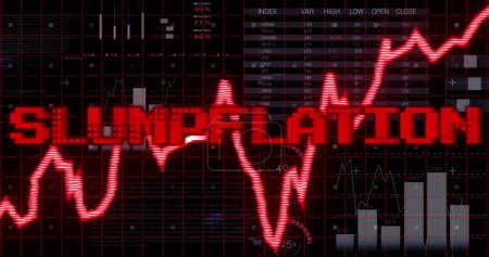 Photo for Image of slumpflation text in red over graph, world map and charts processing data. Global business economy, stagnation, inflation and digital communication concept digitally generated image. - Royalty Free Image