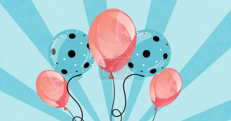 Bild von bunten Luftballons, die über blauen Hintergrund fliegen. Party- und Festkonzept digital generiertes Image.