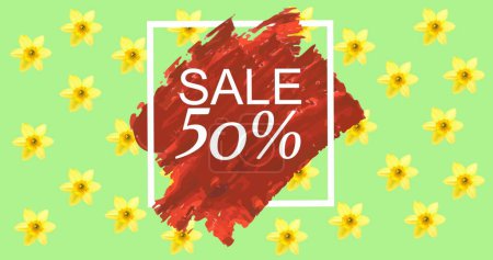 Photo for Image of sale 50 percent text over red smudges and flowers moving in hypnotic motion. retail, sales and savings concept digitally generated image. - Royalty Free Image