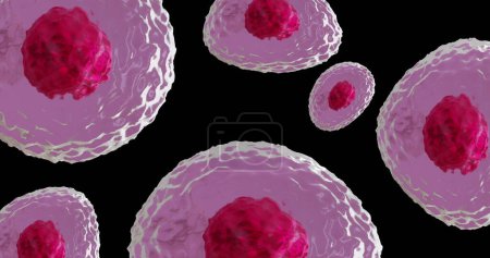 Image of micro of red and pink cells on black background. Global science, research and medicine concept digitally generated image.