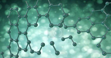 Foto de Imagen de micro 3D de moléculas sobre fondo verde. Concepto de ciencia, investigación y conexiones globales imagen generada digitalmente. - Imagen libre de derechos