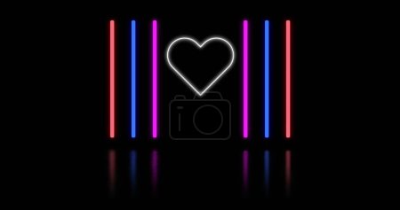 Image of neon heart over colourful neon lines. Abstract background, retro future and pattern concept digitally generated image.