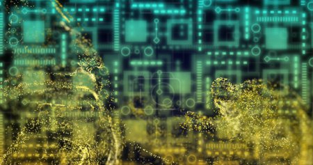 Image of yellow mesh, data processing over computer circuit board. Global online security, data processing, digital interface and connections concept digitally generated image.