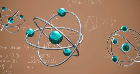Image of micro of atom models over mathematical formulae on blue background. Global science, research and connections concept digitally generated image.
