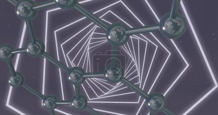 Téléchargez les photos : Image de micro 3d de molécules et tunnel néon sur fond gris. Concept mondial de science, de recherche et de connexions image générée numériquement. - en image libre de droit