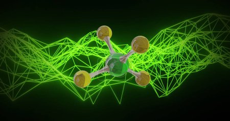 Image of 3d micro of molecules and green connections on black background. Global science, research and connections concept digitally generated image.