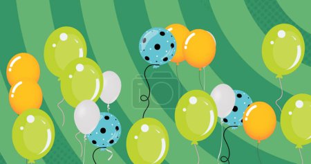 Image of colorful balloons flying over green background. party and celebration concept digitally generated image.