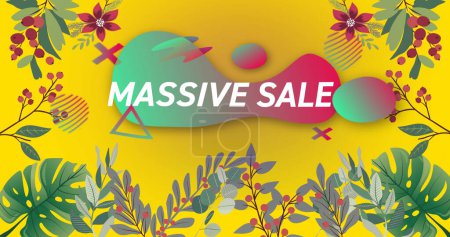 Image of massive sale text over flowers moving in hypnotic motion. retail, sales and savings concept digitally generated image.