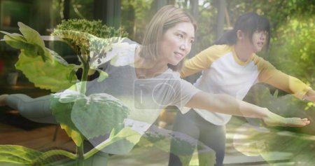 Téléchargez les photos : Composé de deux femmes asiatiques heureuses pratiquant le yoga à l'extérieur, et la lumière du soleil sur les plantes. concept de santé, de condition physique et de bien-être image générée numériquement. - en image libre de droit