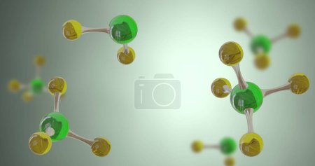 Mikro-Molekül-Modelle auf grünem Hintergrund. Globales Wissenschafts-, Forschungs- und Verbindungskonzept digital generiertes Bild.