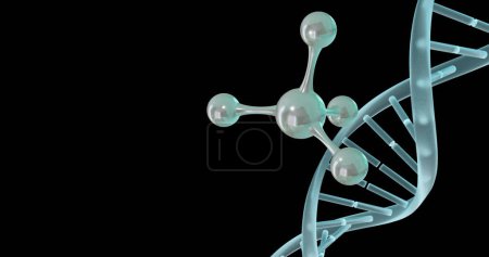 Image of 3d micro of molecules and dna strand on black background. Global science, research and connections concept digitally generated image.