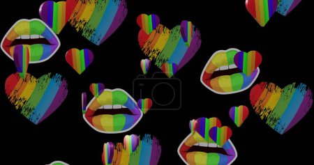 Photo for Image of rainbow hearts and lips on black background. Valentine's day, love and celebration concept digitally generated image. - Royalty Free Image