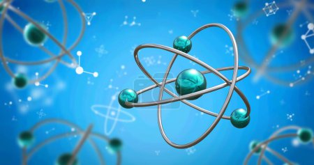 Image of micro of atom models and molecules over blue background. Global science, research and connections concept digitally generated image.