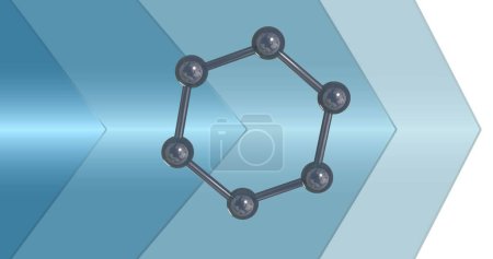 Image of 3d micro of molecules and blue arrows on white background. Global science, research and connections concept digitally generated image.