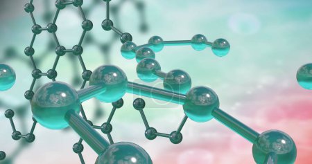 Image of 3d micro of molecules on green background. Global science, research and connections concept digitally generated image.