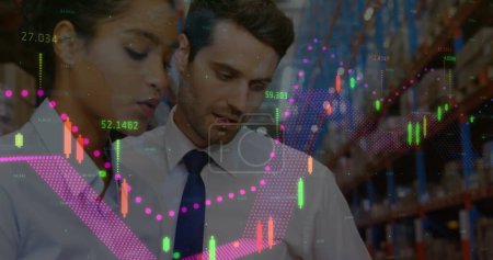 Image of financial data processing over diverse business people in warehouse. global shipping, delivery and connections concept digitally generated image.