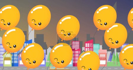 Photo for Image of yellow balloons with smile flying over cityscape. party and celebration concept digitally generated image. - Royalty Free Image