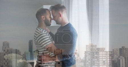 Image of cityscape over diverse male couple embracing. Valentine's day, love and celebration concept digitally generated image.