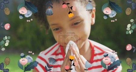Photo for Image of colourful flowers over sneezing african american girl. family life, nature and childhood concept digitally generated image. - Royalty Free Image