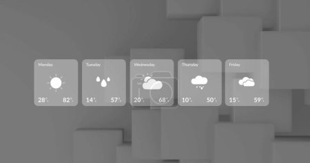 Image of weather screens and data processing over grey background. Global computing, data processing, digital interface and connections concept digitally generated image.