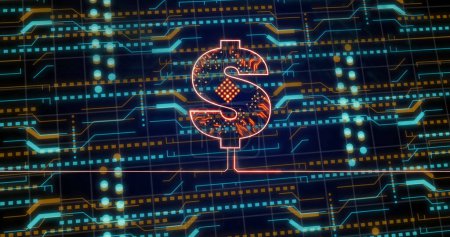 Image of american dollar sign and data processing over circuit board. Global currency, data processing, digital interface and connections concept digitally generated image.