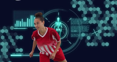 Image of data processing and scope scanning over biracial female soccer player. Global sport and digital interface concept digitally generated image.