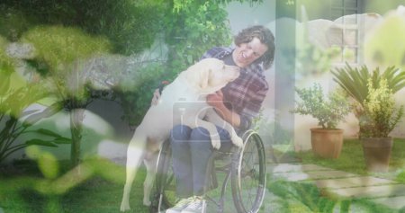 Bild von Gras über einem behinderten Mann, der mit seinem Hund im Rollstuhl sitzt. Internationaler Tag der Menschen mit Behinderungen Konzept digital generiertes Bild.